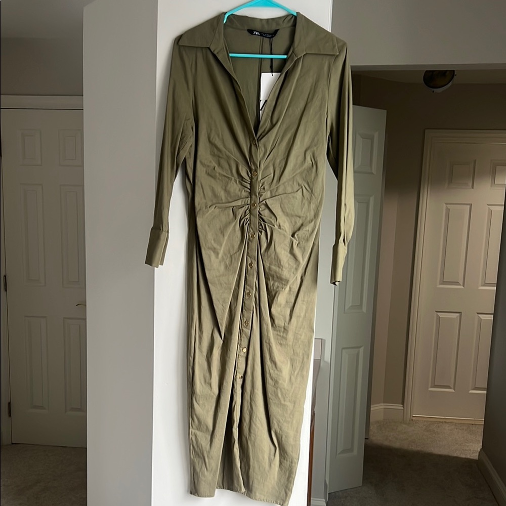 Olive Green Button-Down Front Slit Midi Dress